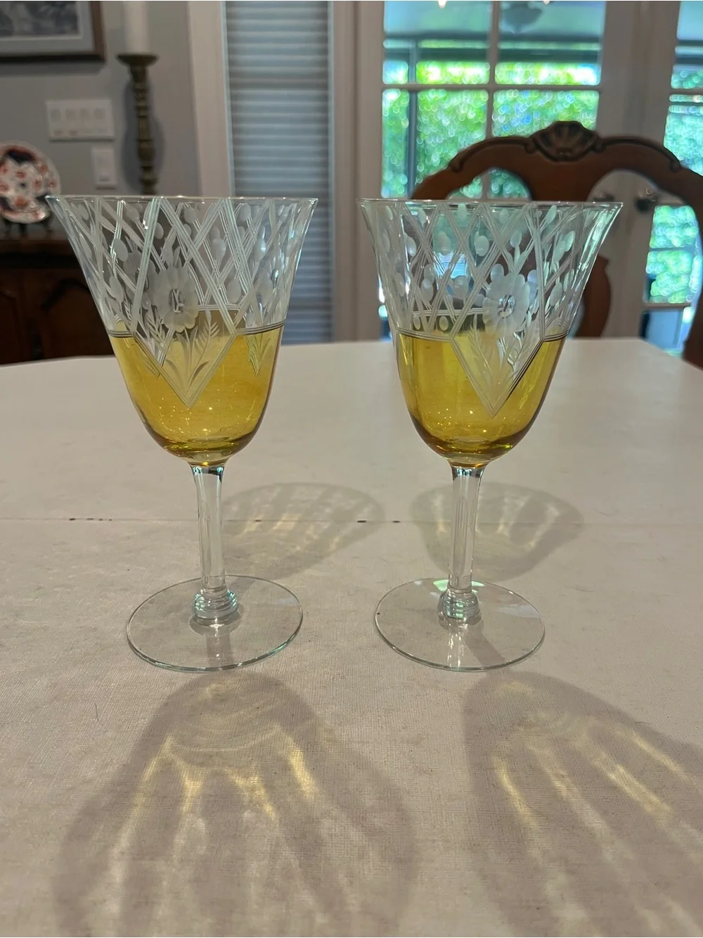 Vintage MCM Cut Crystal floral Yellow Wine Glasses - Set of 2. Gorgeous!